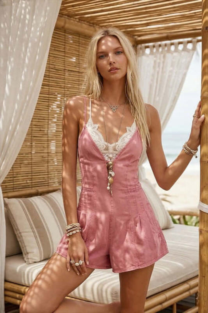 Wisteria Lane lightweight denim romper with adjustable straps, showing front view and casual fit, perfect for warm weather.
