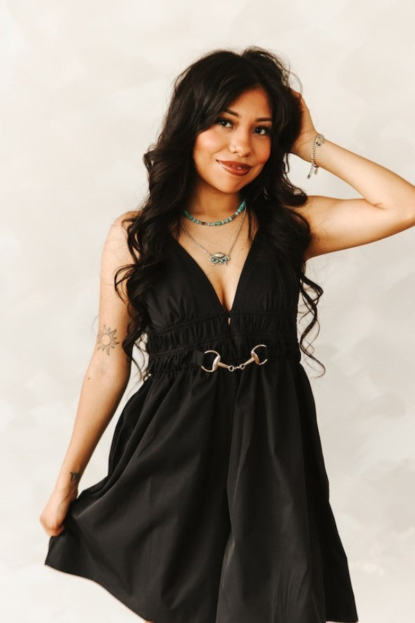Black Spaghetti Strap Horse Snaffle Buckle Dress