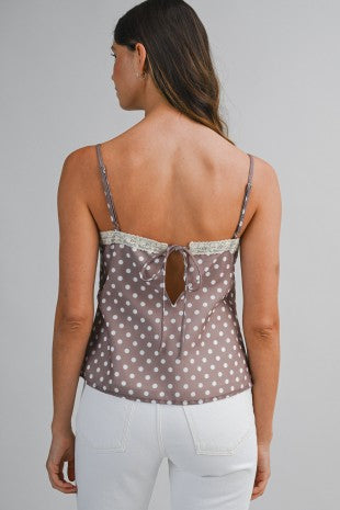 Polka Dot Lace Trim Front Self Bow Tie Detail Cami Top