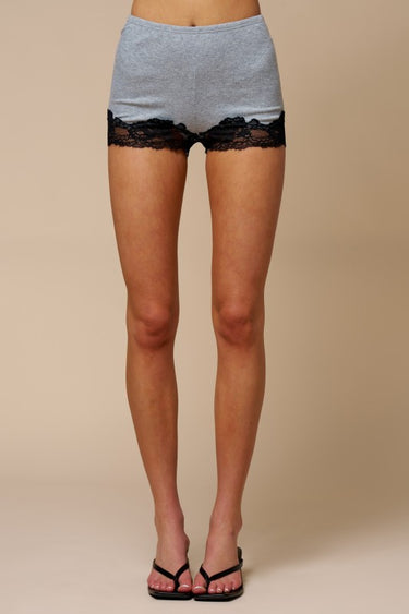 Ribbed Lace Trim Boyshort Shorts | Soft Lounge Shorts | Gray & Burgundy