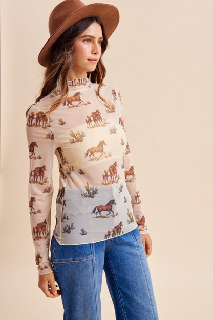 Wild Horses Western Mesh Mock Neck Top by anniewear featuring a black lightweight mesh fabric and mock neckline design.