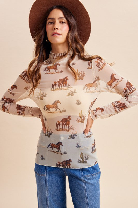 Wild Horses Western mesh mock neck top by anniewear featuring a fitted design with a stylish high neckline and western-inspired details.