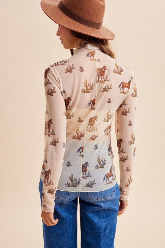 Wild Horses Western mesh mock neck top by anniewear featuring a stylish mesh design and mock neckline.