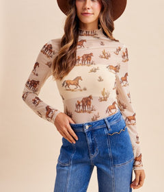 Wild Horses Western Mesh Mock Neck Top