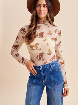 Wild Horses Western Mesh Mock Neck Top