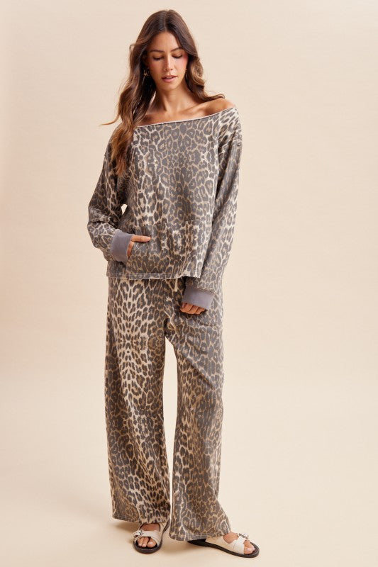 Wild Side Leopard Terry Lounge Set by anniewear featuring a cozy leopard print fabric and relaxed fit for comfortable lounging.