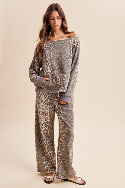 Wild Side Leopard Terry Lounge Set by anniewear featuring a cozy leopard print fabric and relaxed fit for comfortable lounging.