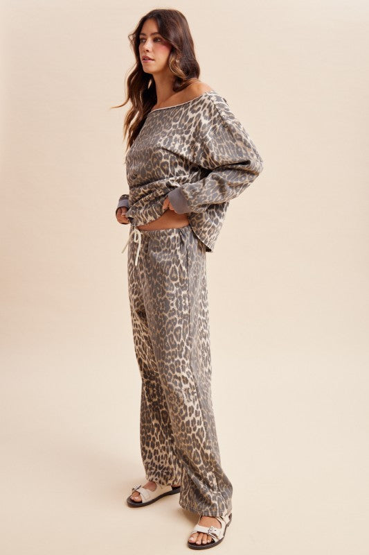 Leopard terry lounge set by anniewear with long sleeve top and matching pants, comfortable and stylish for casual wear.