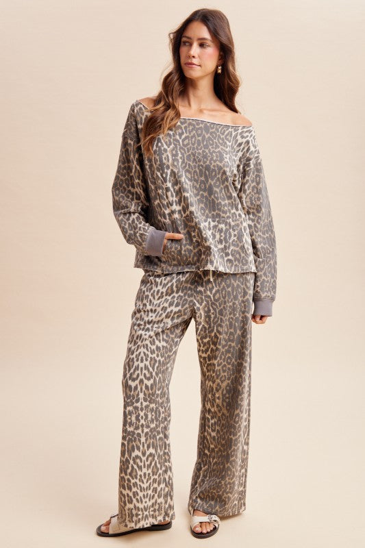 Wild Side Leopard Terry Lounge Set by anniewear, featuring leopard print fabric and comfortable relaxed fit for cozy lounging.