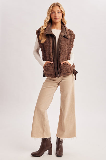 Blueivy women’s sherpa button-down vest, a short sleeve sweater with cozy sherpa fabric, stylish and comfortable for layering.
