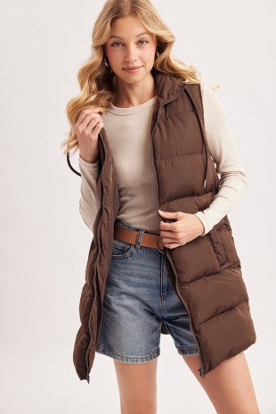 Blueivy hooded zipper down longline puffer vest, stylish insulated sleeveless outerwear with a hood and front zipper closure.