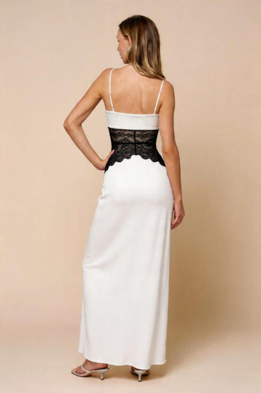 Ivory Satin Maxi Dress with Black Lace Corset | Elegant Formal Dress