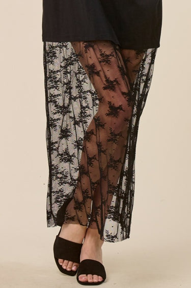 Zutter vintage black maxi t-shirt dress featuring a horse graphic and lace details, Western-inspired style.