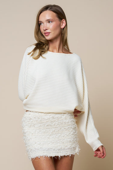 Ivory Ribbed Dolman Sleeve Boat Neck Sweater