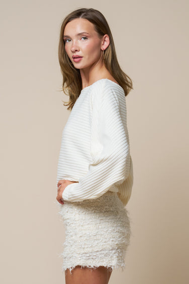 Ivory Ribbed Dolman Sleeve Boat Neck Sweater
