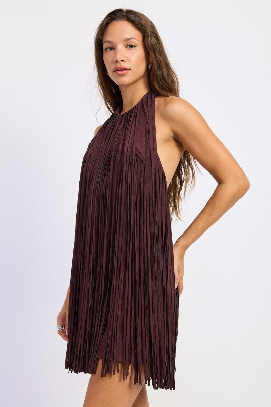 Emory Park mini suede fringe dress displayed on a hanger with detailed fringe and soft suede texture.