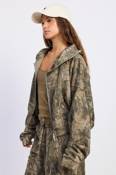 Emory Park high neck zip-up jacket with camouflage pattern, featuring a front zipper and a fitted style.