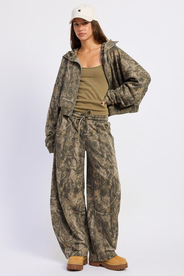 Emory Park high neck camouflage zip-up hoodie with front zipper and ribbed cuffs, showcasing a stylish camo pattern.