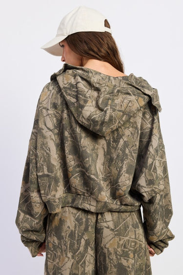 Emory Park high neck camo zip-up jacket with front zipper and fitted style, shown in a close-up view.
