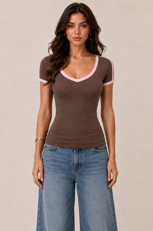 Heart & Hips brown retro V-neck ringer tee with pink contrast trim and fitted short sleeves