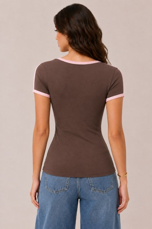 Heart & Hips brown retro V-neck ringer tee with pink contrast trim and fitted short sleeves
