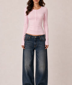 Fitted Long Sleeve Henley Top – Scoop Neck Button Front Layering Tee