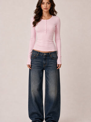 Fitted Long Sleeve Henley Top – Scoop Neck Button Front Layering Tee