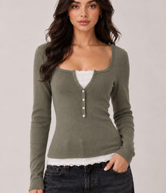 Olive Layered Henley Top – Long Sleeve Ribbed Scoop Neck Top with Lace Trim Cami