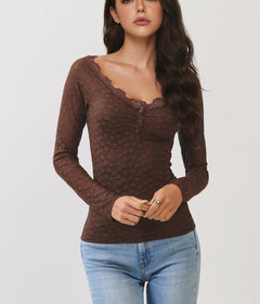 Brown Lace Henley Top – Long Sleeve Scoop Neck Floral Lace Top with Button Detail