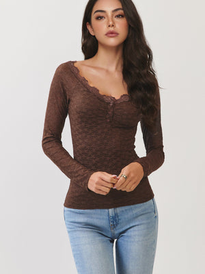 Brown Lace Henley Top – Long Sleeve Scoop Neck Floral Lace Top with Button Detail
