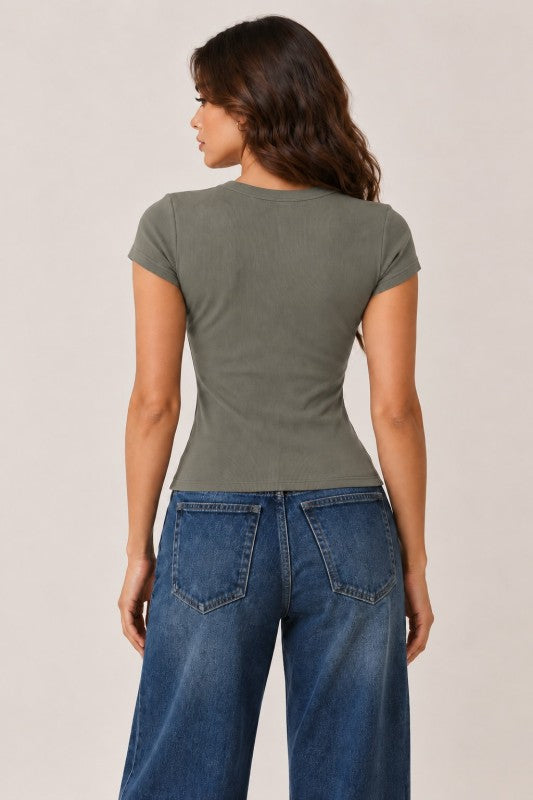 Ribbed Crew Neck Baby Tee – Fitted Semi Cropped Short Sleeve Top