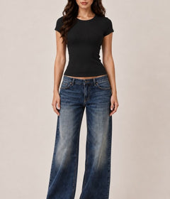 Ribbed Crew Neck Baby Tee – Fitted Semi Cropped Short Sleeve Top