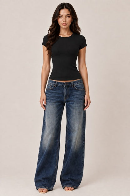Ribbed Crew Neck Baby Tee – Fitted Semi Cropped Short Sleeve Top