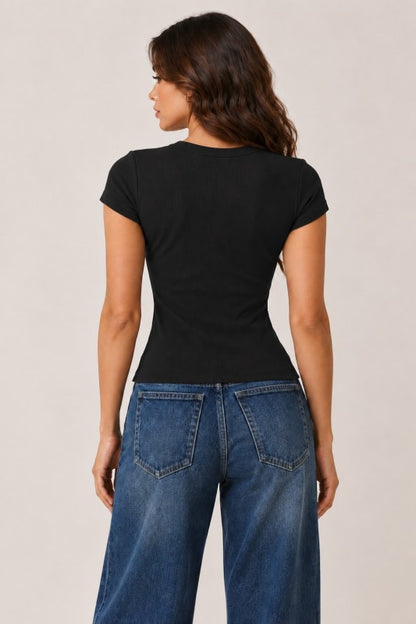 Ribbed Crew Neck Baby Tee – Fitted Semi Cropped Short Sleeve Top