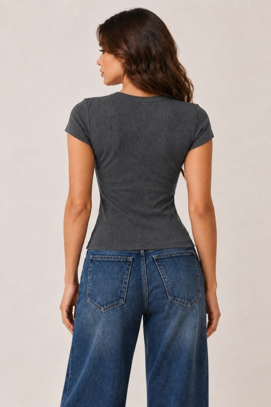 Ribbed Crew Neck Baby Tee – Fitted Semi Cropped Short Sleeve Top