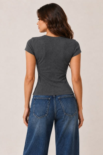 Ribbed Crew Neck Baby Tee – Fitted Semi Cropped Short Sleeve Top