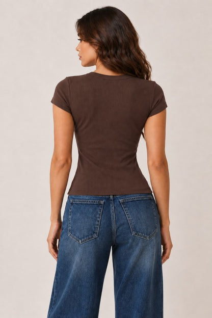 Ribbed Crew Neck Baby Tee – Fitted Semi Cropped Short Sleeve Top