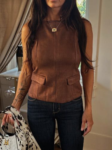 Saddle suede peplum tank top by Sunday Up featuring a fitted silhouette, sleeveless design, and stylish peplum detail.