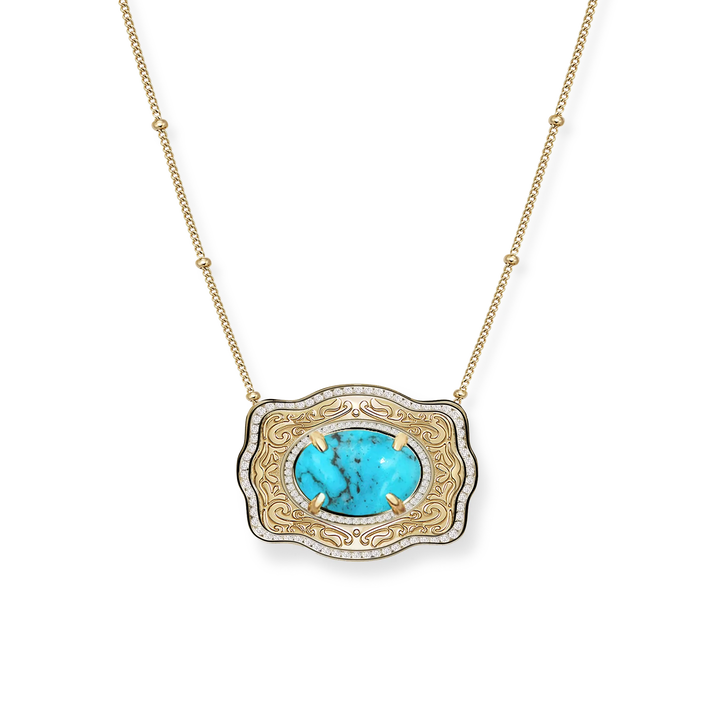 Spurwest Oasis gold belt buckle necklace with beaded chain, featuring a 28mm mini belt buckle pendant on a stylish jewelry chain.