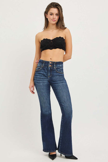 Risen high rise flare jeans with seam detail waistband, showcasing stylish denim design and fitted silhouette.