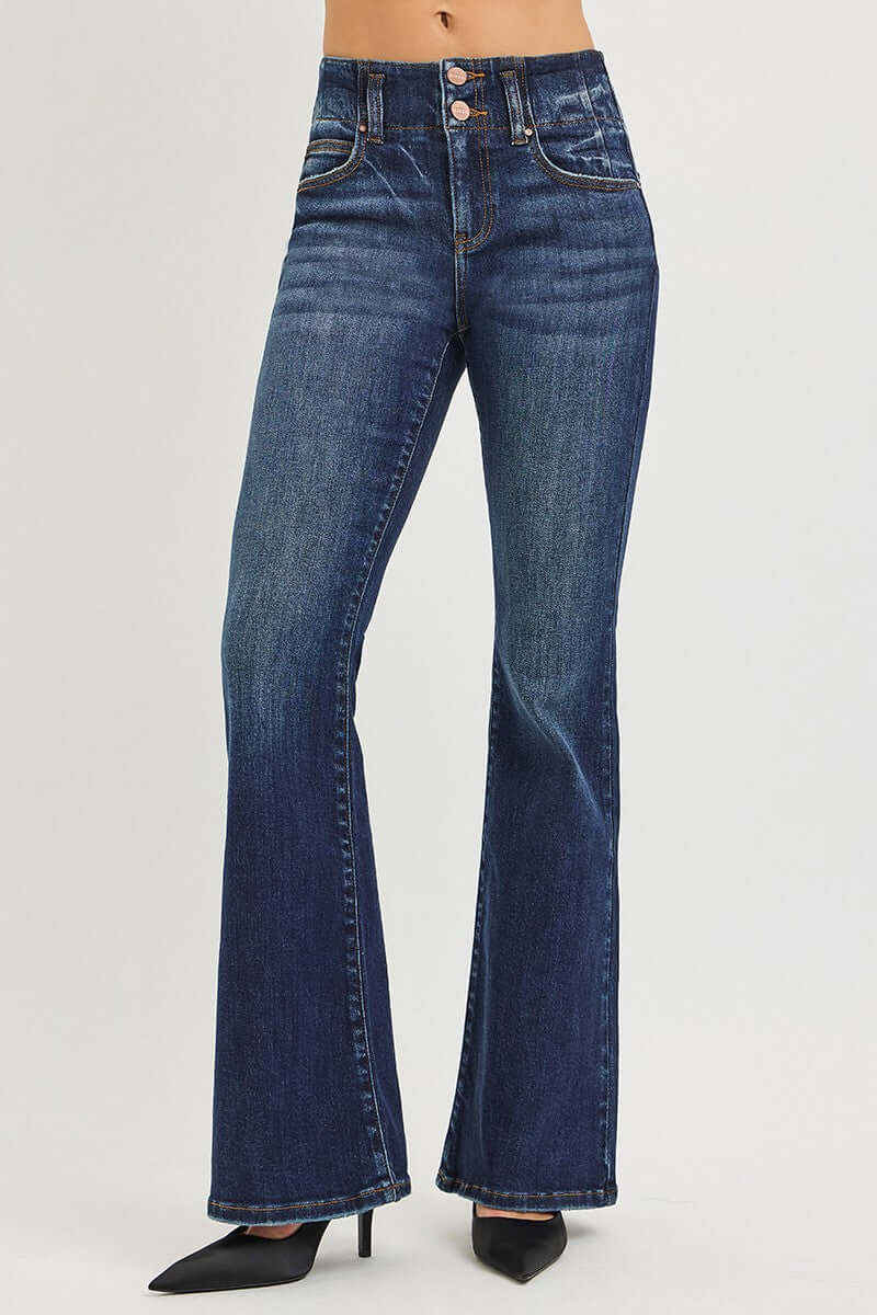 Risen high rise flare jeans with seam detail waistband, showcasing the stylish design and fit of the denim bottoms.