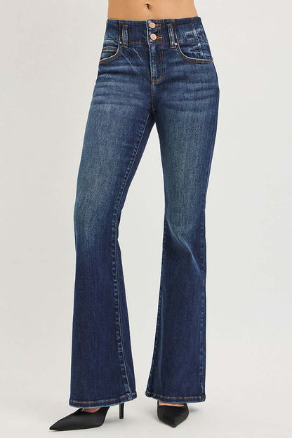 Risen high rise flare jeans with seam detail waistband, showcasing the stylish design and fit of the denim bottoms.