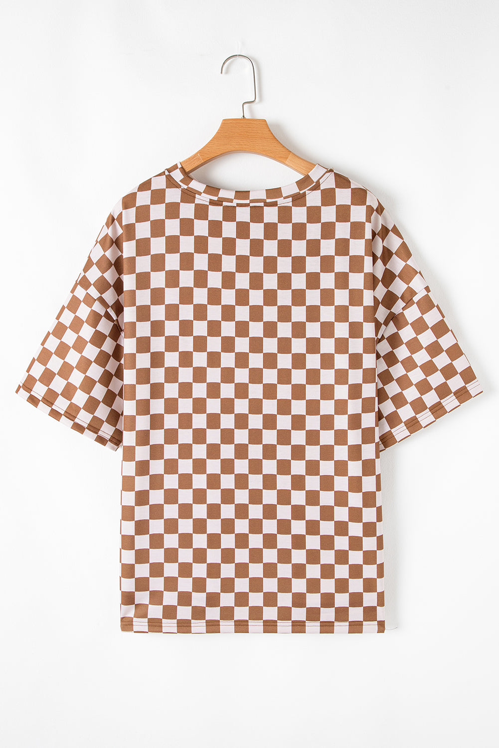 Brown Plus Size Checkerboard Print Side Slit Tee and Shorts Set
