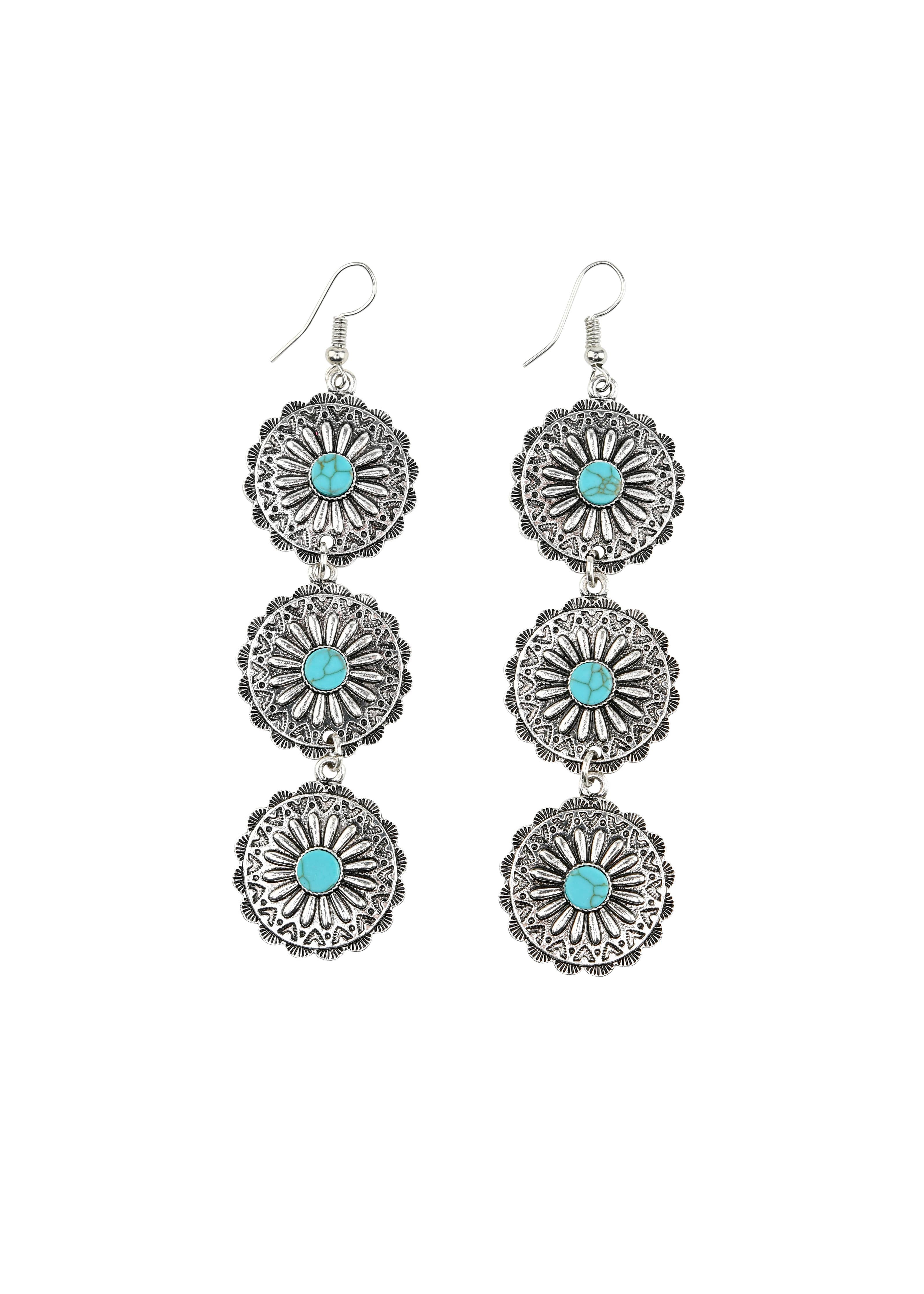 3 Tier Burnished Silver & Turquoise FLWR Concho Ear