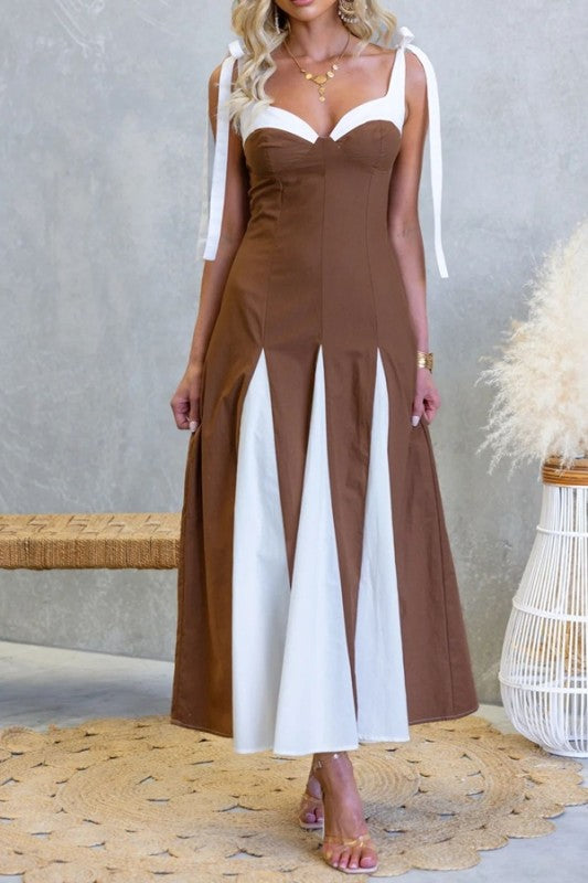 Brown and ivory contrast tie-shoulder maxi dress by Sunday Up, featuring flowy fabric and stylish shoulder ties.