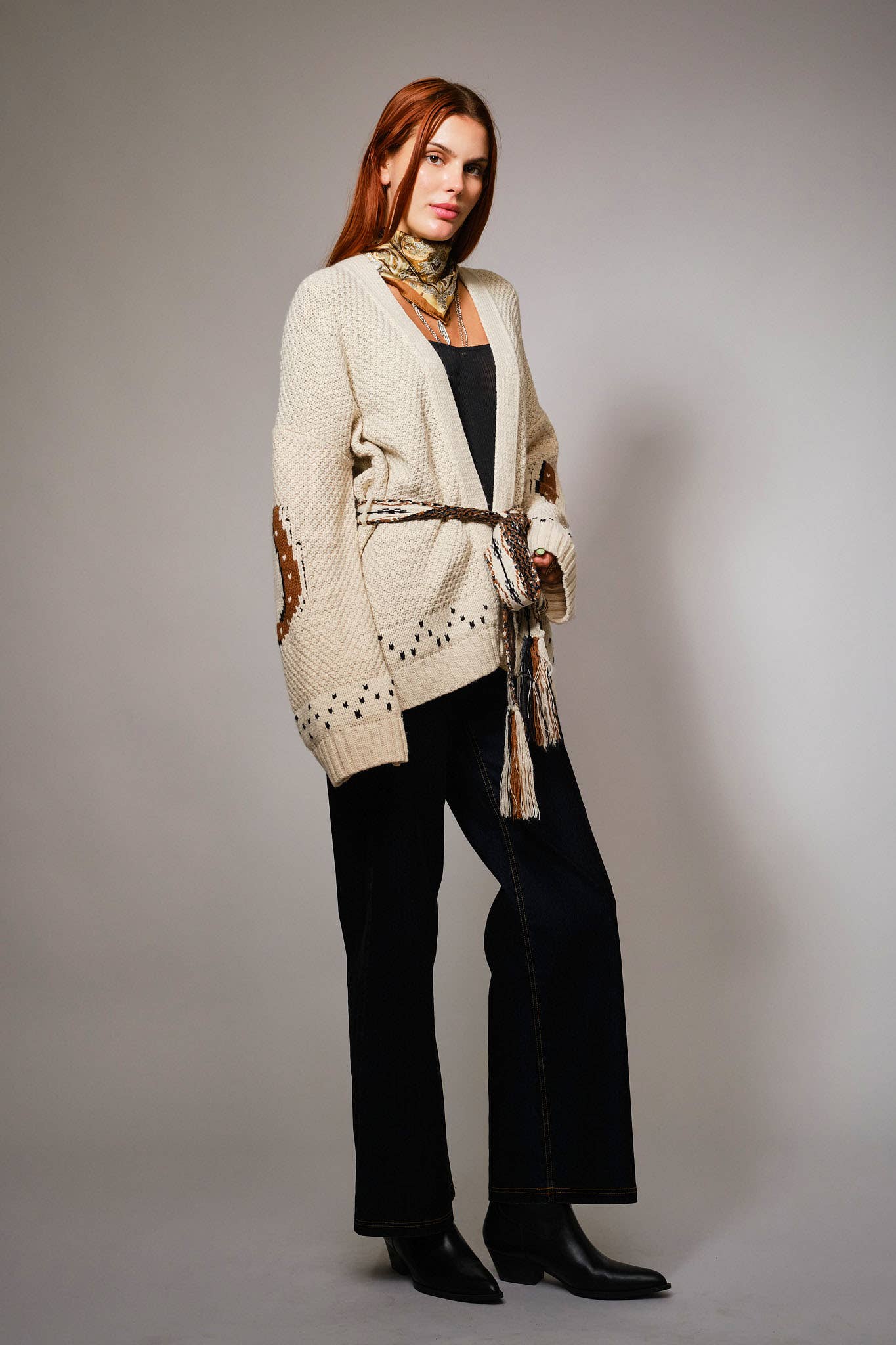 Western Horse Belted Cardigan Sweater