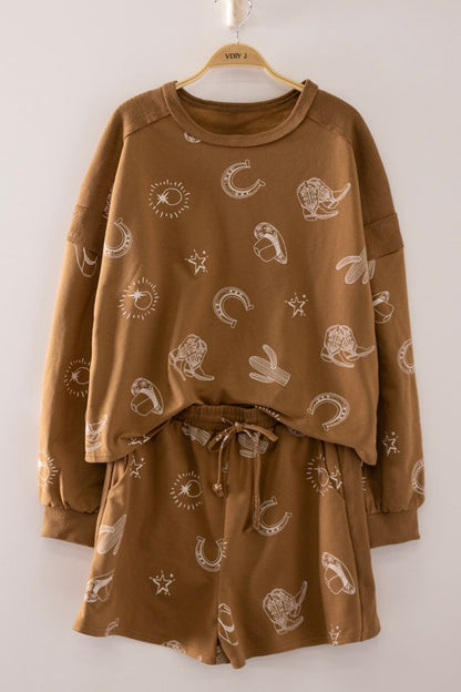 Western Icon Lounge Set by VERY J, brown cozy set of matching top and pants, casual loungewear for relaxed comfort.