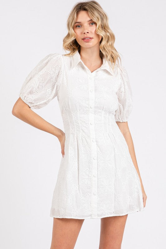 White Eyelet Collared Button Down Mini Dress with Puff Sleeves
