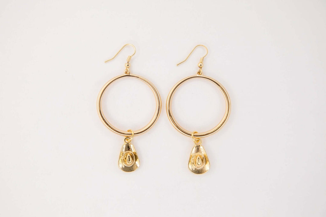 3" 18K Gold Plated Hoop Earring on Fishook with Cowboy Hat - Cowgirl Charm