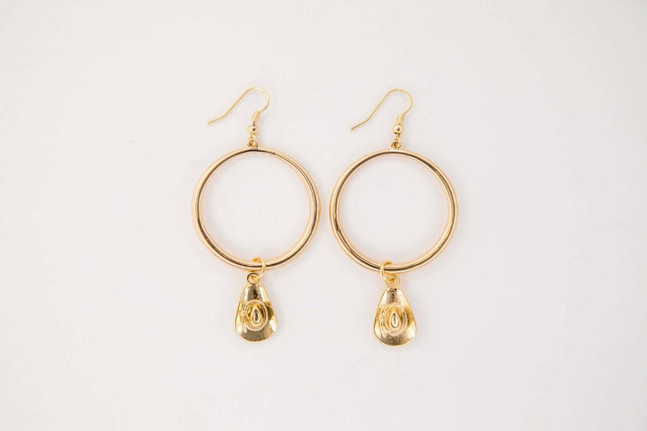 3" 18K Gold Plated Hoop Earring on Fishook with Cowboy Hat - Cowgirl Charm